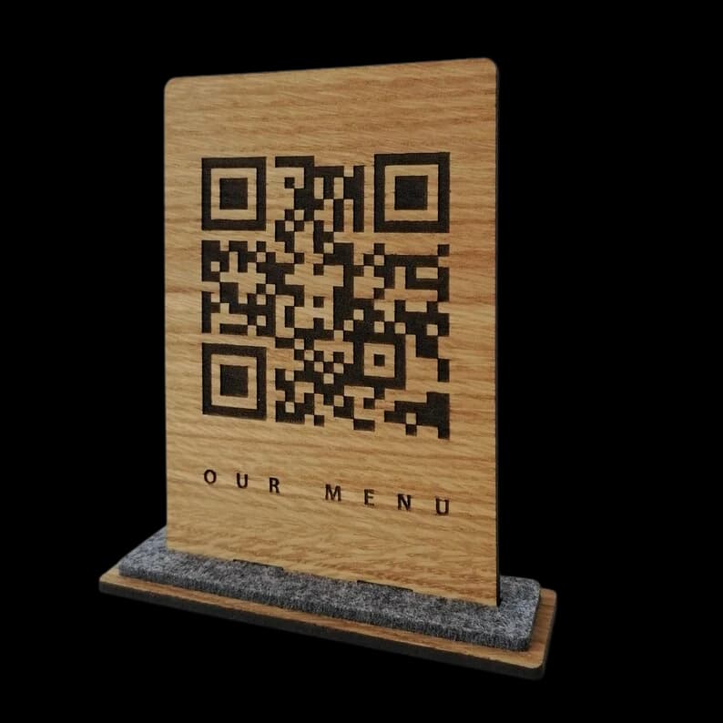 Engraved wooden QR stand