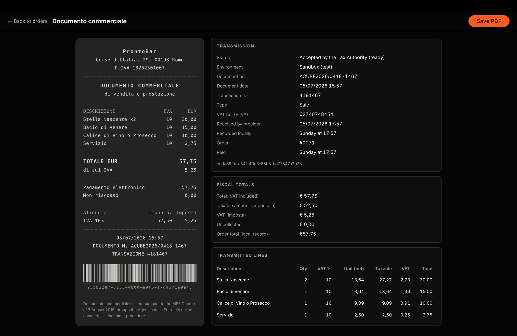 ProntoMenu fiscal receipt view
