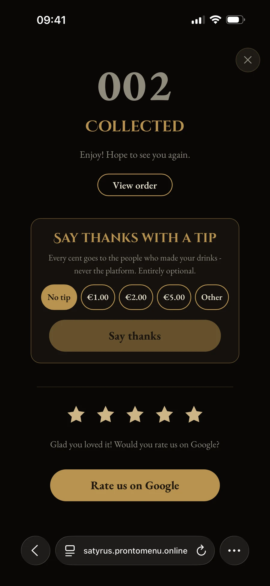 Post-payment tip and Google review screen