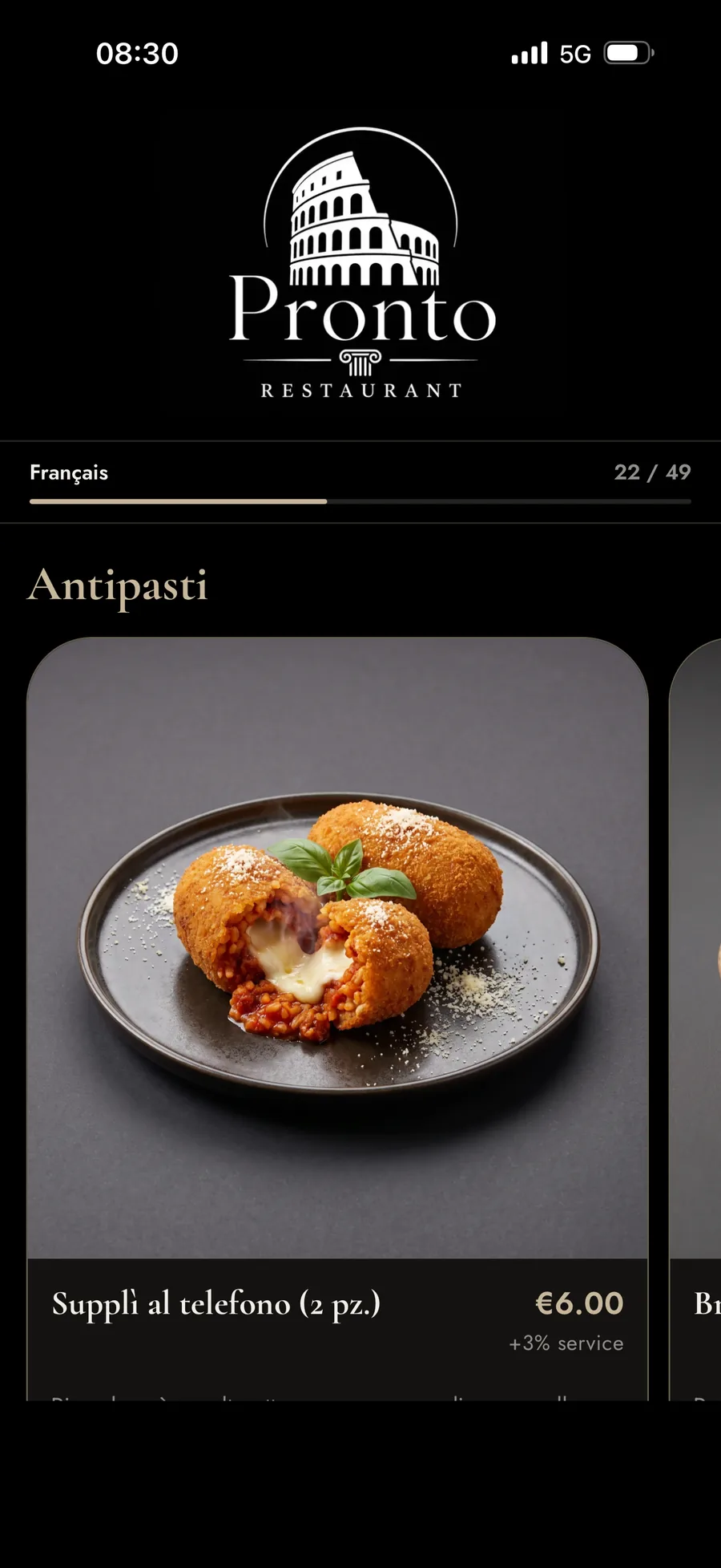 Live-translated Pronto Restaurant menu in French
